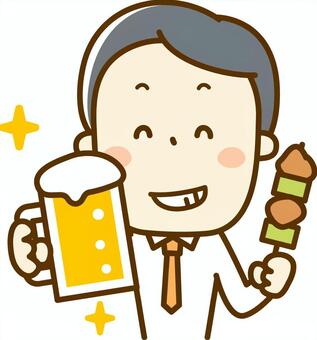 A salaryman with beer and yakitori A salaryman with beer and yakitori