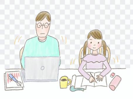 Dad working from home and child studying Dad working from home and child studying